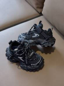 Kids Black Chunky Sneakers Autumn Mesh Breathable Hook And Loop Thick Sole Anti-Slip Durable Running Sports Shoes For Boys And Girls - Black - View 4