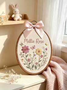 Custom Name Embroidered Hoop Wall Decor, Handmade Wildflower & Butterfly Pattern Embroidery Art Frame With Satin Bow, Personalized Text Wall Plaque, Bohemian Style Room Wall Decoration - Multicolor - View 4
