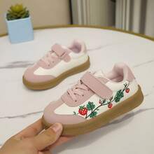 Girls' Pink And White Colorblock Training Shoes, Strawberry Embroidery Hook And Loop Retro Rubber Sole Casual Sneakers - Pink - View 7
