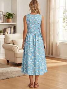 Women's Daisy Print Blue Casual Dress, Suitable For Vacation And Daily Wear In Spring/Summer Elegant - Baby Blue - View 2