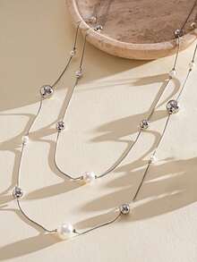 Multilayer Long Pearl Beaded Necklace, Minimalist Layered Statement Neck Jewelry For Women Daily Vacation Outfit - Necklace - View 6