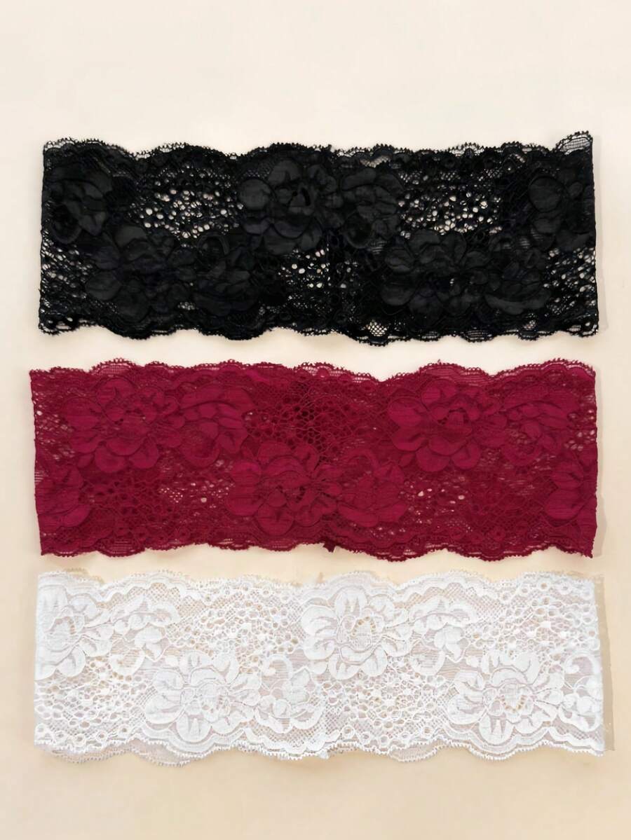 3pcs Women's Solid Color Embroidered Lace Elegant Fashion Breathable Comfortable Lightweight Decorative Headbands, Suitable For Daily Commute, Outfit Matching, Shopping, Travel, Photography And Wearing, Perfect Exquisite Gift For Friends - Black, White and Red Three-piece Set - View 1