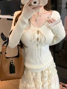 Minimalist Sexy V-Neck Knit Sweater Women Korean Style Autumn New Slim Fit Long Sleeve Pullover Base Layer Top Random Cut - Apricot - View 5