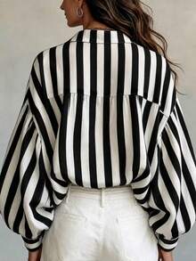 Bohemian Vintage Striped Long Sleeve Women's Blouse, Loose Beach Style Summer Top, New Women's Autumn Clothing, Daily Casual Commute Outfit - Black and White - View 2
