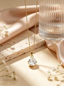 1pc Minimalist Fashion Elegant Style Geometric Round Pendant Decorated With Glass Stainless Steel Necklace Suitable For Women's Daily Wear/Party/Wedding/Friend's Holiday Gift - Yellow Gold - View 1