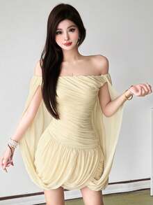 Women's Sleeveless Sequin Off-Shoulder Bodycon Mini Dress, Made Of Knit Fabric With Back Opening And Asymmetric Hemline - Yellow - View 7