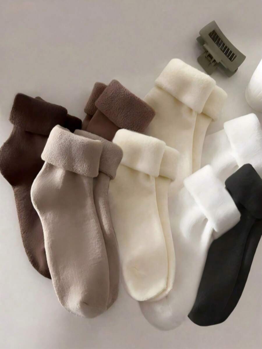 1/3/6/12/15 Pairs Women's Winter Thermal Lined Mid-Calf Socks, Minimalist Solid Color Thick Terry Warm Socks, Multi-Color Assorted Pack, Suitable For Cold Weather Daily Wear - Multicolor - View 1