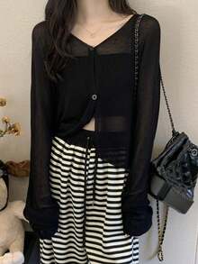 Women's Semi-Sheer V-Neck Cover Up, Long Sleeve Button Front Short Cover Up, Dropped Shoulder Design, Lightweight Cover-Up - Black - View 1