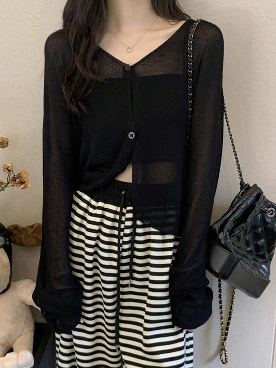 Women's Semi-Sheer V-Neck Cover Up, Long Sleeve Button Front Short Cover Up, Dropped Shoulder Design, Lightweight Cover-Up - Black - View 1