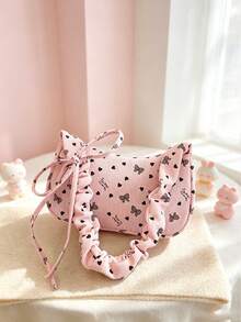 Cute Pink Corduroy One Shoulder Underarm Bag For Girls, Bow & Heart Print Ruched Strap Hobo Bag, Ruched Strap Y2K Style Underarm Bag, Casual Daily Small Bag - Pink - View 4