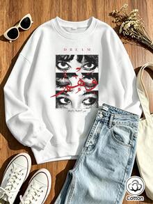 Women's Street Style Eye Print Arabic Letter Graphic Loose Fit Crew Neck Sweatshirt, Breathable Casual Pullover For Spring & Autumn Daily Wear - White - View 10
