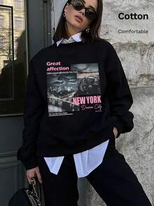 Women Cotton Crew Neck Loose Sweatshirt For Autumn With New York Dream City Night Skyline Print, Casual Street Sport Style - Black - View 1