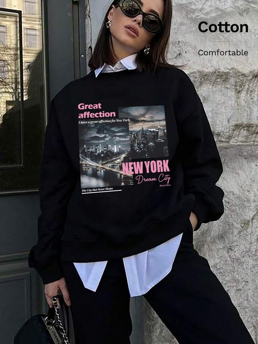 Women Cotton Crew Neck Loose Sweatshirt For Autumn With New York Dream City Night Skyline Print, Casual Street Sport Style - Black - View 1