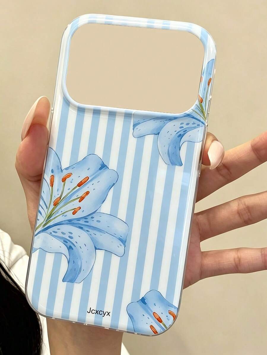 可愛春季花卉蝴蝶結貝殼圖案手機殼，適用於 iPhone 17 Pro Max 16 15 14 13 12 11 Pro Max，可愛花朵防震軟殼後蓋 - 藍百合條紋 - 查看 1