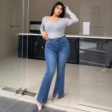 Plus Size High‑Stretch Flare Leg Denim Jeans, Medium Blue Washed High Waist Front Slit Hem Jeans For Pear‑Shaped Curvy Figures - Blue - View 6