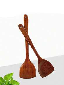 1pc/2pcs Wooden Spatula Spoon Long Handle Non-Stick Cookware Stir-Fry Turner Heat-Resistant Wooden Kitchen Utensil - Brown - View 6