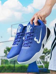 Men Breathable Mesh Basketball Sneakers Lace-Up Closure Contrast Color Panel Thick Court Sport Footwear For Daily Training Basketball Sneakers - Royal Blue - View 18