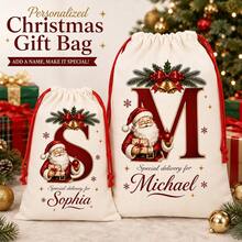 Custom Initial Christmas Drawstring Bag, Personalized Name Gift Bag, Holiday Santa Style, Custom Holiday Storage Bag, Customizable Christmas Gift - Red and White - View 7