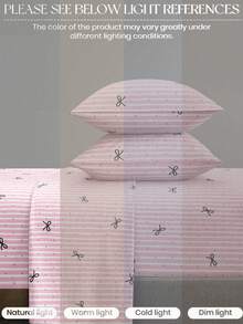 4-Piece Cute Pink Striped Bow Pattern Bedding Set, Includes 1 Fitted Sheet, 1 Flat Sheet, 2 Pillowcases (Pillow Inserts Not Included). Fitted Sheet Set, Suitable For King, Queen, Full, Twin Sizes, Fits Up To 11.8 Inch Deep Mattress. Soft, Breathable, Wrinkle-Resistant, - Baby Pink - View 7