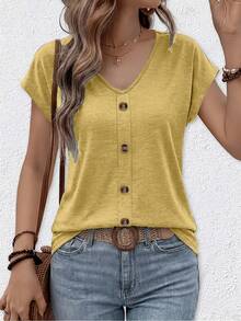 2pcs Plus Size Women's Casual V-Neck Button Front Short Sleeve Tops, Autumn Knit Basic T-Shirts - Yellow + Dark Blue - View 2