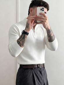 Men's Classic Zip-Up Turn Collar Long Sleeve Fine Knit Sweater, Autumn/Winter - White - View 5