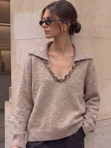 JIANHU Autumn/Winter Casual Sweater, Decorated With Crochet Lace Trim And Ribbed Cuffs - Khaki - View 2