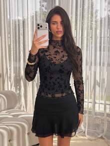 Sexy Flocked Floral Sheer Frill Trim Fitted Mesh Long Sleeve Top & Camisole 2 Pieces Set, Autumn/Winter New, Versatile For Date And Commute - Black - View 4