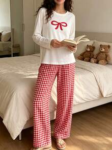 Christmas Autumn/Winter Two Pieces Butterfly Printed Long Sleeve Top+Red/White Checkered Pants Girl's Sleepwear Set,Soft Fabric,Teenagers' Home Wear - White - View 2