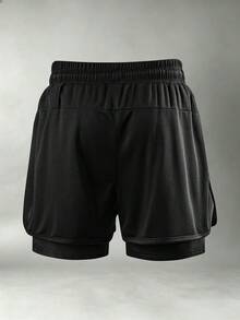 男士雙層運動短褲，舒適透氣面料，抽繩腰頭，時尚寬鬆版型，適合跑步、健身、徒步、登山、休閒慢跑 - 黑色 - 查看 5
