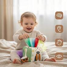 Brinquedo Caixa de Lenços para Bebê, Adequado para Bebês de 6-12 Meses, Brinquedo Montessori para Menino de 1 Ano, com Lenços Amassados e Treinamento de Habilidades Motoras Finas, Adequado para Crianças de 6, 9, 12, 18 Meses, Presente de Aniversário de 1 Ano - Multicolorido - Visão 9