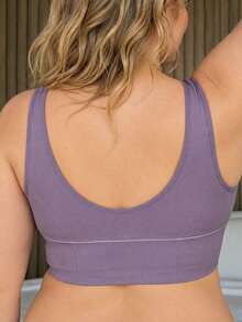 1pc Plus Size Women's Purple Ribbed Mesh Wireless Sports Bra, Letter Print Hem, Removable Padding, Fitness Bra - Purple - View 6