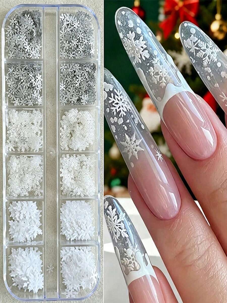 12格3色混裝雪花美甲亮片，白色/銀色/閃亮色雪花美甲裝飾，DIY聖誕節假期冬季新年美甲配件