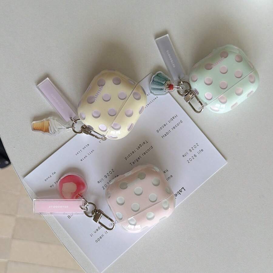 3-Color Macaron Polka Dot + Card Set Compatible With Apple 5/ 4/ 2/ 3/ Pro 3/ Pro 2 Cute Earphone Case Protective Cover With Pendant Korean Style For Women