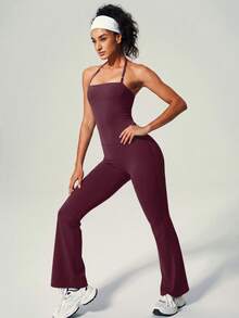 UONNOU Peach Butt-Lifting Flare Leg Jumpsuit, Halter Square Neck Backless Yoga Jumpsuit - Burgundy - View 10