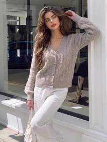 Women Autumn Cable Knit Cardigan V Neck Long Sleeve Button Down Fuzzy Sweater Coat Casual Festival Outfit - Grey - View 3