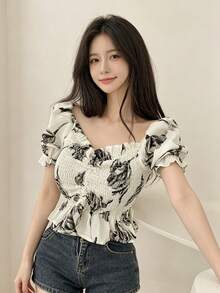 2025 Summer Women's Cute Sweet Collar Ruffle Crop Top - Apricot - View 4