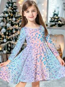 Macaron Gradient Leopard Print Girls Long Sleeve Dress, Sweet Cool Loose Fit Full Skirt, Suitable For Daily Wear, Holiday Parties, Outings And Photos - Multicolor - View 1