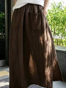 女款寬鬆大尺碼休閒開衩裙褲，2合1設計，短版長度，返校季 - 卡其色 - 查看 4
