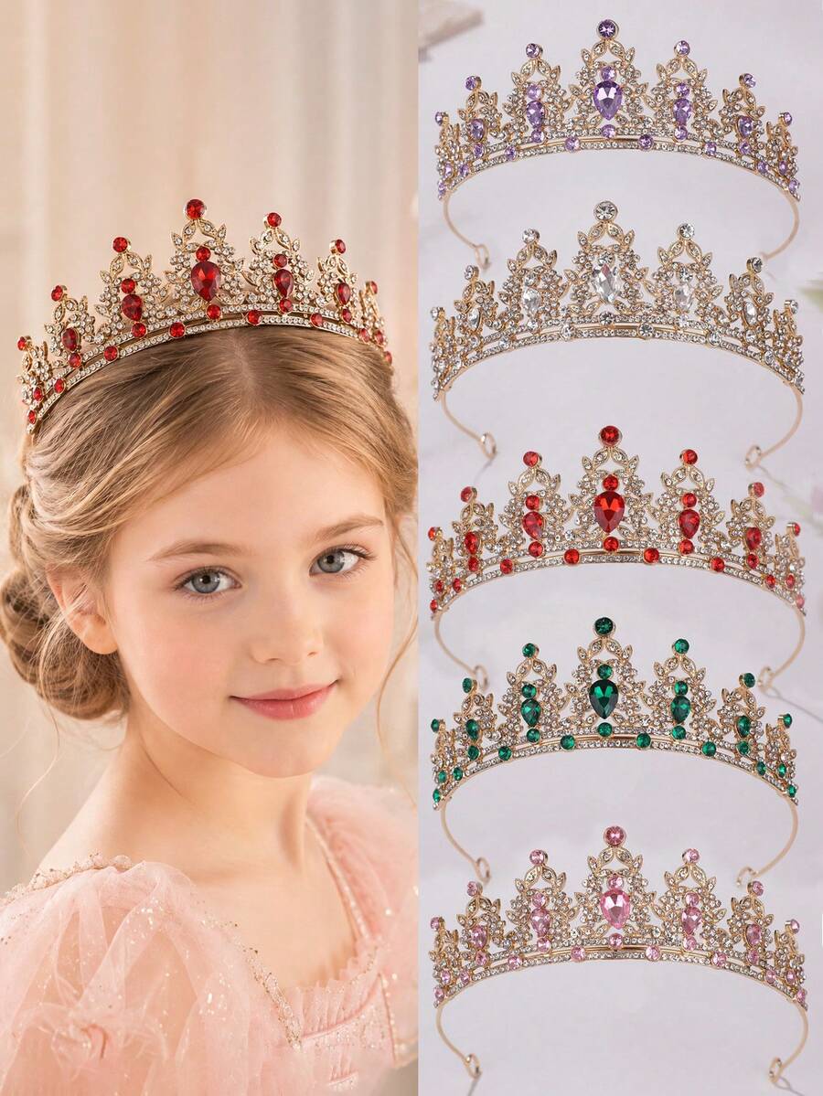 1 pieza Tiara corona de princesa con cristales dorados para niñas, accesorio para el cabello de cristal transparente para fiesta de cumpleaños, disfraz, concurso de belleza, actuación & foto - Multicolor - Ver 1