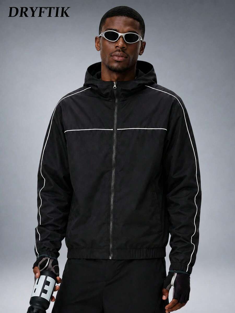 Men's Contrast Stitching Scratch-Resistant Hooded Jacket With Zipper Pockets, Street Techwear Style, Casual Daily Wear, Commute-Ready, Personalized Design - Black - View 1