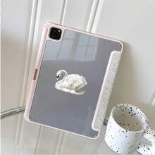 1pc White Swan Lace Texture Tri-Fold Tablet Protective Case, Foldable Stand, Multi-Angle Viewing, Suitable For Work And Entertainment, With Pen Slot, Compatible With IPad Pro 2024/Air M3/A16 2025, Compatible With Xiaomi, MatePad - Multicolor - View 7