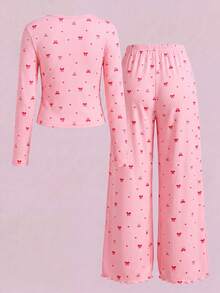 Girls 2-Piece Bow Print Pajama Set, Pink Ribbed Square Neck Long Sleeve Top + Ruffle Wide Leg Pants, Soft Comfortable Loungewear - Pink - View 5