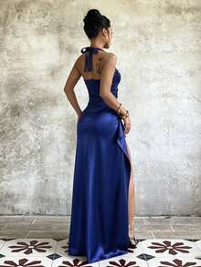1pc Solid Color Elegant Knit Fabric Slit Dress For Wedding Summer - Navy Blue - View 4