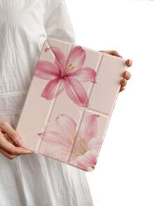 1pc Pink Lily Print Acrylic Y-Fold Protective Case, Magnetic Closure With Pencil Slot, Auto Sleep/Wake, Compatible With IPad 5/6/7/8/Air 3/4/5/6/7/8/Pro 11/10th/11th Gen/Mini 6/7 Shockproof Tablet Shell - Multicolor - View 6