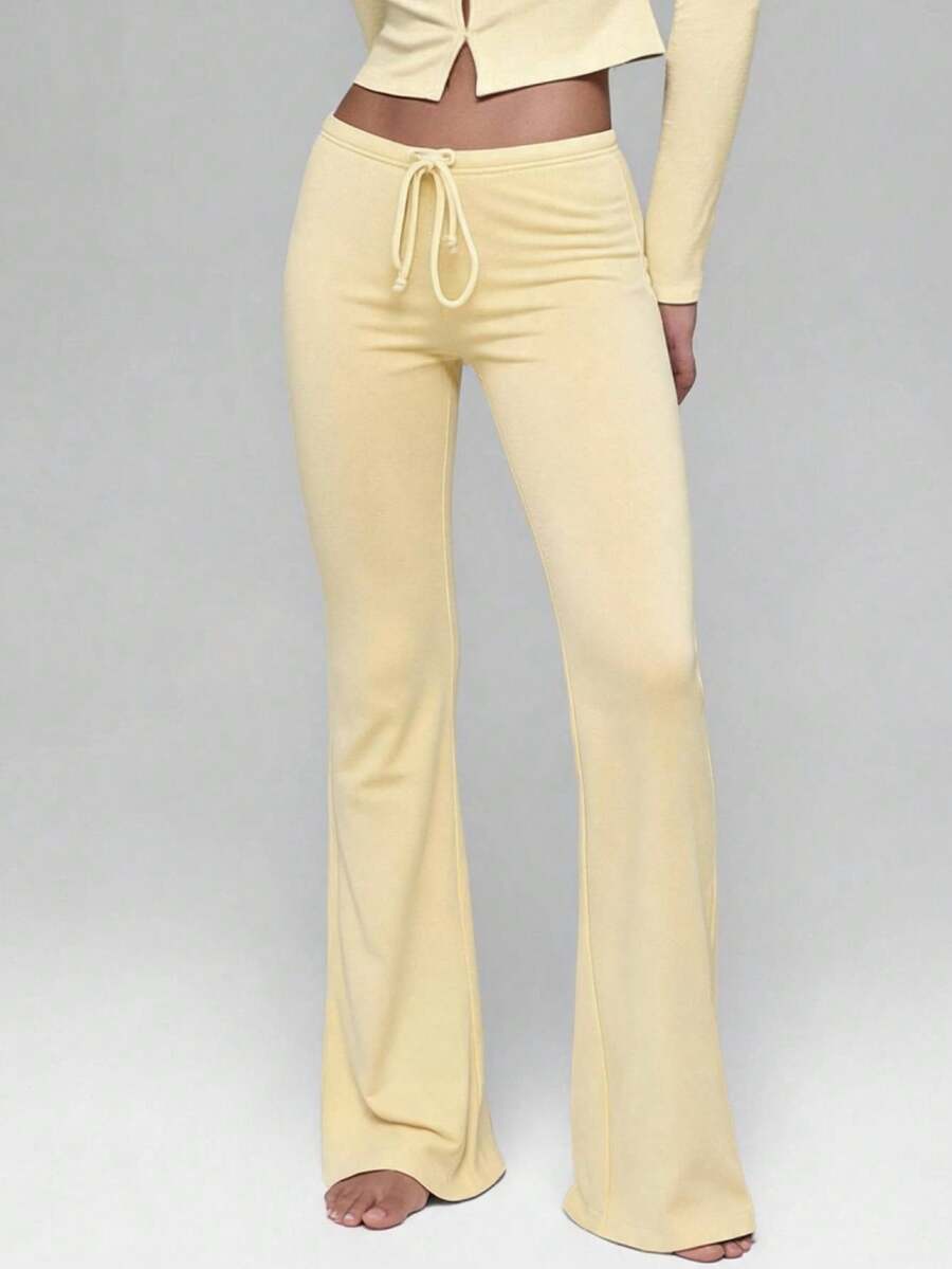 Women's Casual Solid Color Long Straight Leg Pants With Medium Stretch - Yellow - View 1