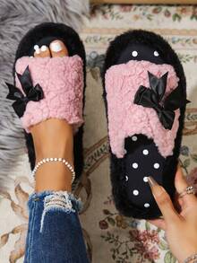 1 Pair Cute Casual Fuzzy Slippers With Thermal Lining, Warm Strap Slides For Home - Pink - View 1