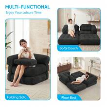 L-Shaped Corduroy Folding Sofa Bed, Multi-Functional Convertible Lazy Sofa For Small Spaces - Black - View 10