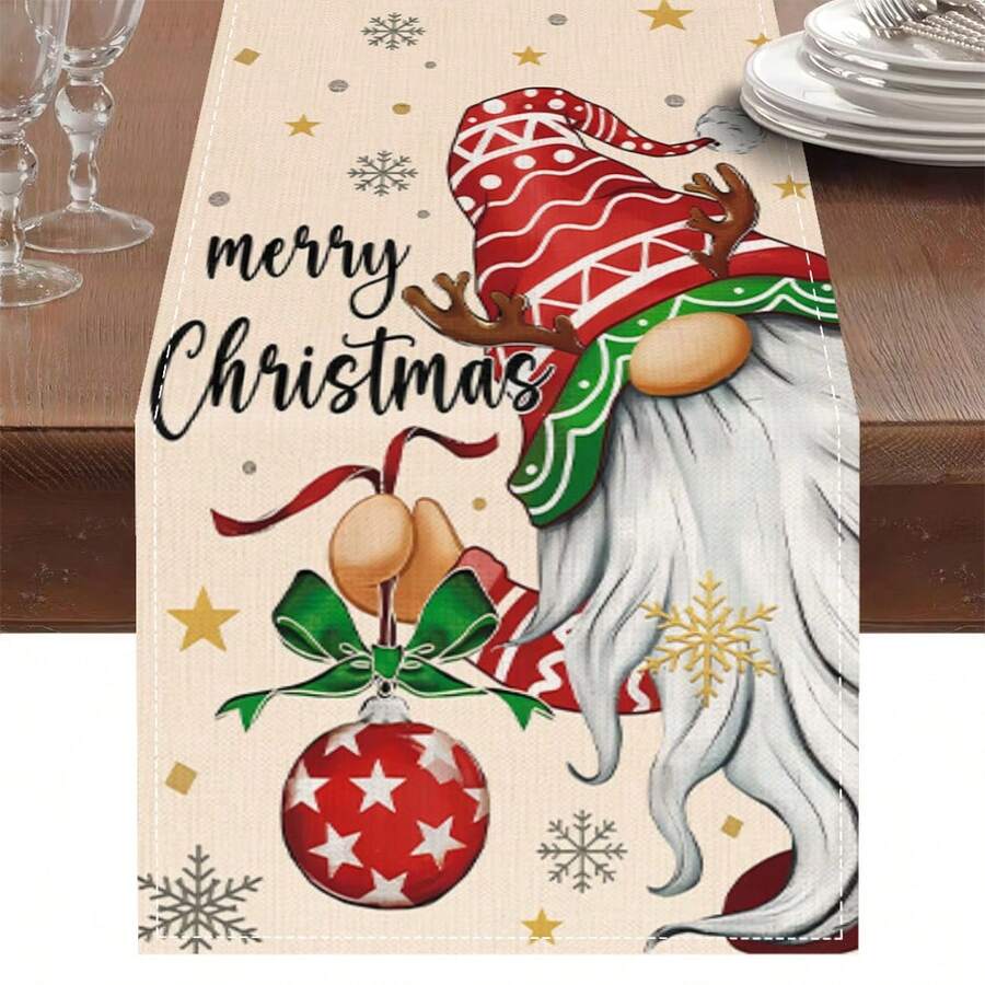 1pc Christmas Table Runner, With Deer Horn Gnome Christmas Ball Snowflake Star Print, Merry Christmas Restaurant Home Decor, Accessories Not Included - Beige - View 1