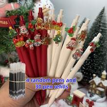 34pcs (Includes 4 Random Pens + 30 Refills) Christmas Theme Retractable Gel Pens, Snowman Design High-Value INS Style Student Pens, Random Color & Pattern, Smooth Writing Office Supplies, Back To School Christmas Holiday Gift, Halloween Party Favor - Multicolor - View 1