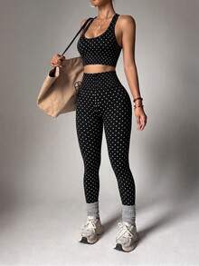 Polka Dot 2 Pieces Workout Set, Racerback Crop Bra High Waist Tummy Control Leggings Stretch Yoga Gym Athleisure Outfit - Black and White - View 4